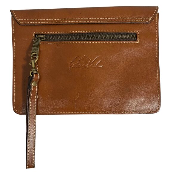 PATRICIA NASH Heritage Tan Leather Snap Flap Envelope Clutch Wristlet Flaw - Picture 2 of 8